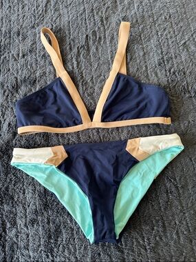 Navy & Mint Colorblock Bikini Set with Tan Trim